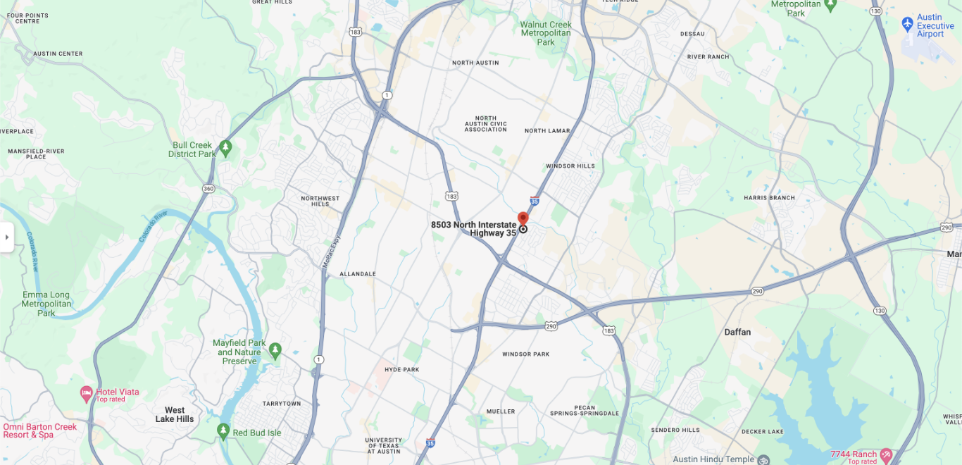 Map showing Texas VFW Department location in Austin, Texas