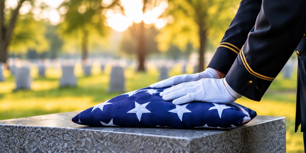 Honor guard member in dress uniform with white gloves resting hands on a folded American flag at a cemetery burial honors ceremony.